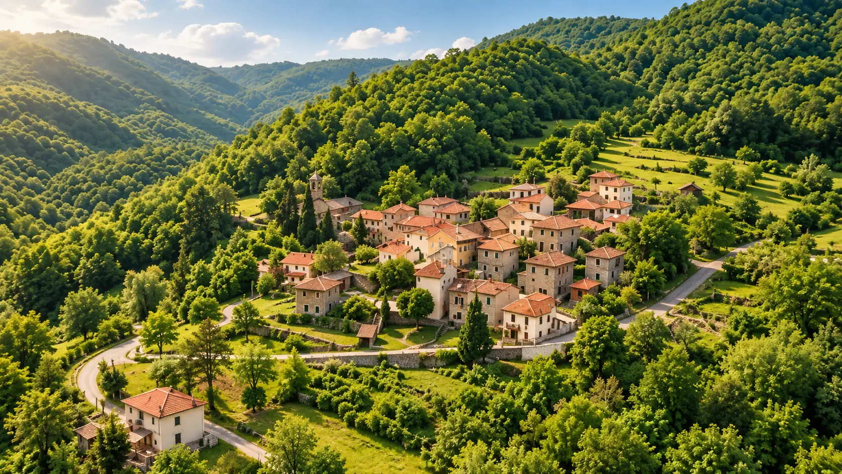 Il borgo di Gordena, in Alta Val Borbera, al tramonto